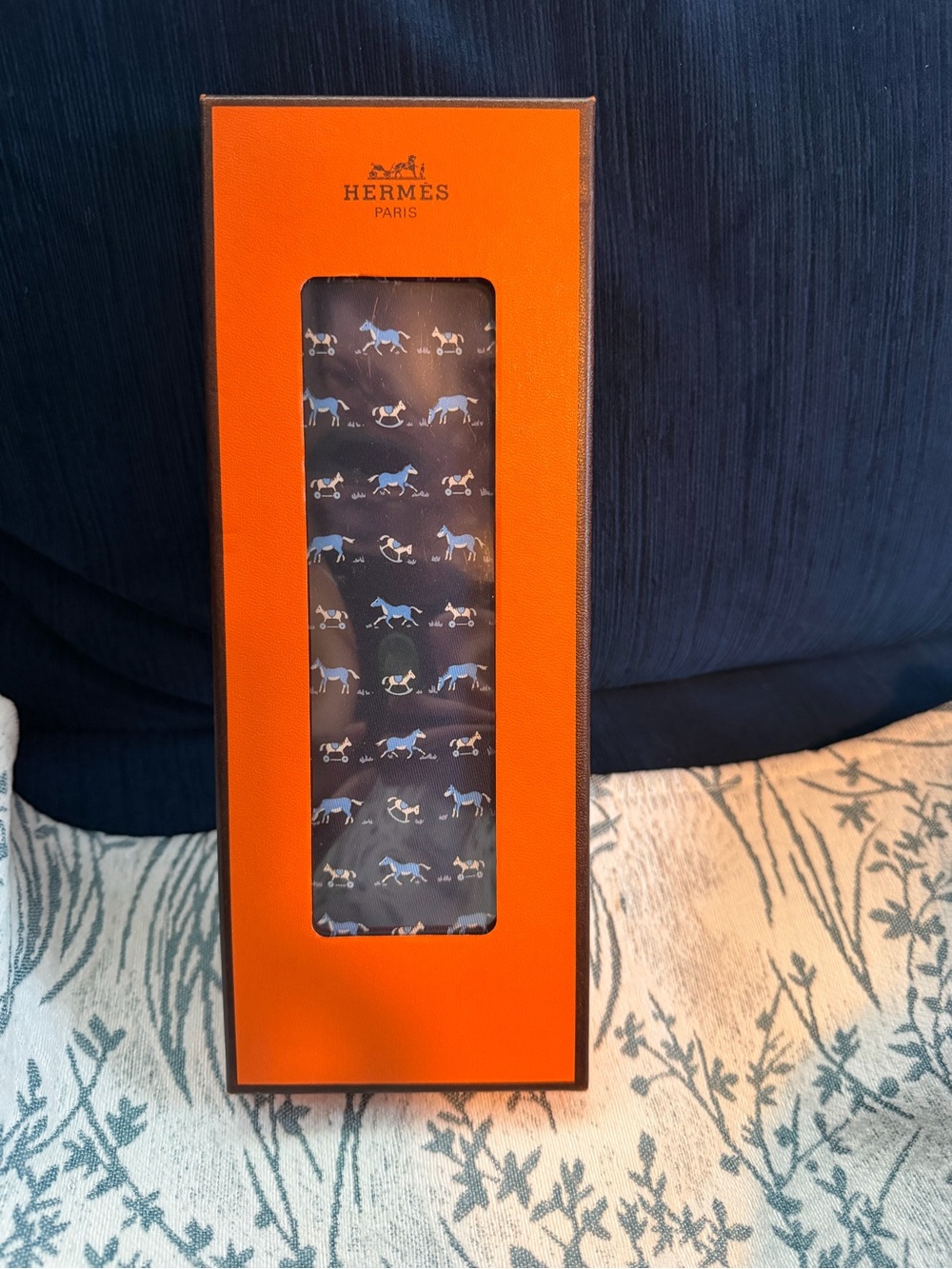 Hermes Orange Box with Navy Horse-Print Tie